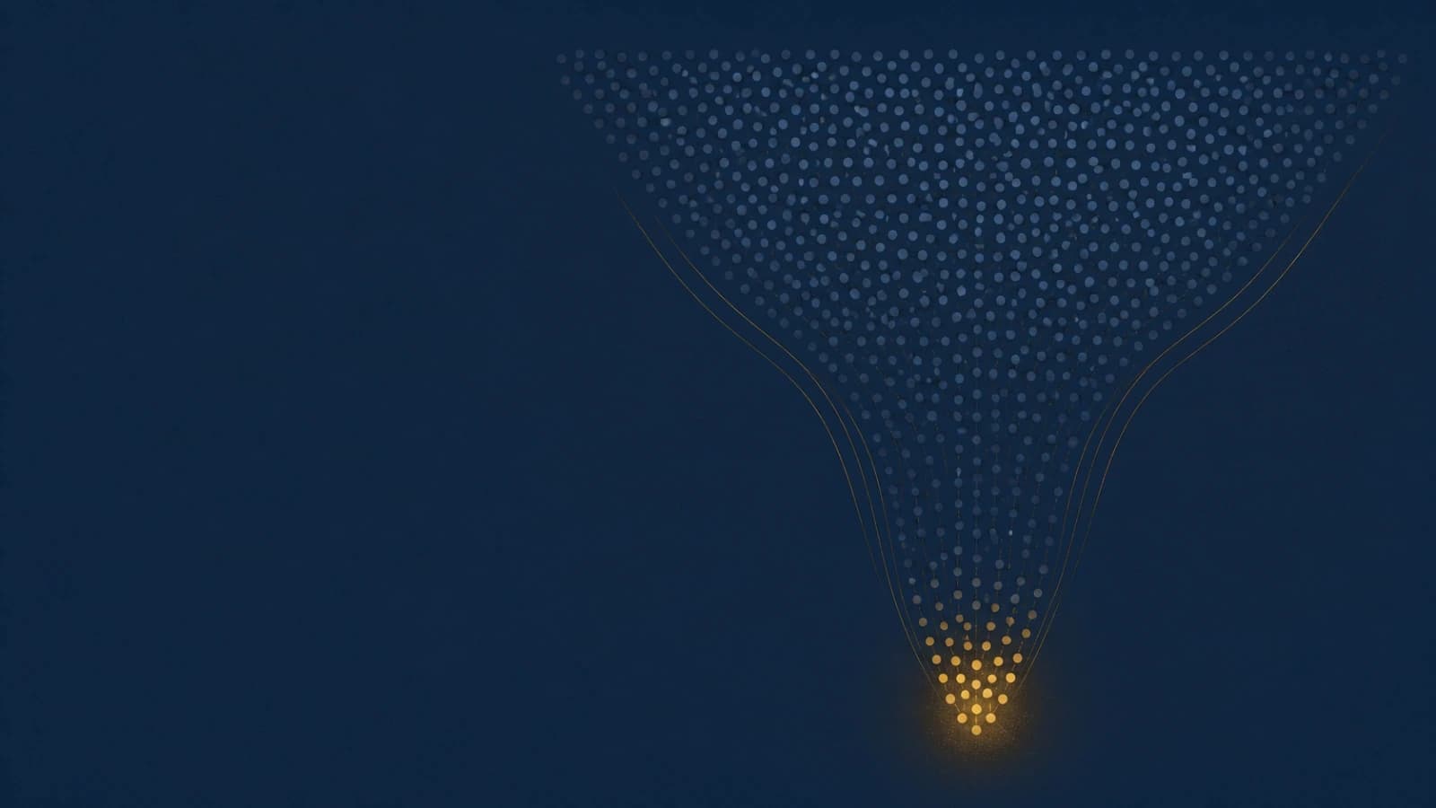 An abstract funnel: a dense field of several hundred small blue dots narrowing downward into a small cluster of glowing gold dots, representing many dials producing few booked meetings.